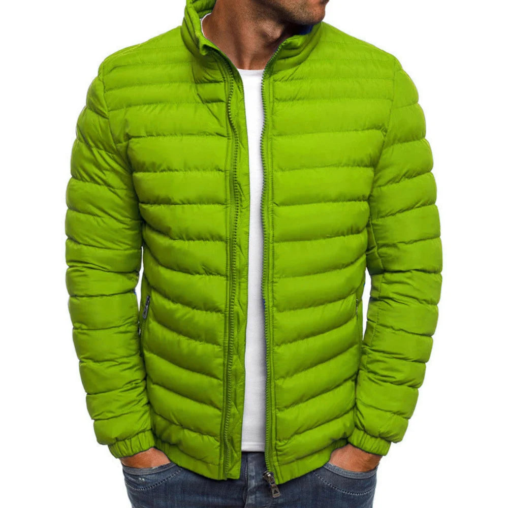 Men's Quilted Puffer Jacket with Stand Collar and Zip Closure