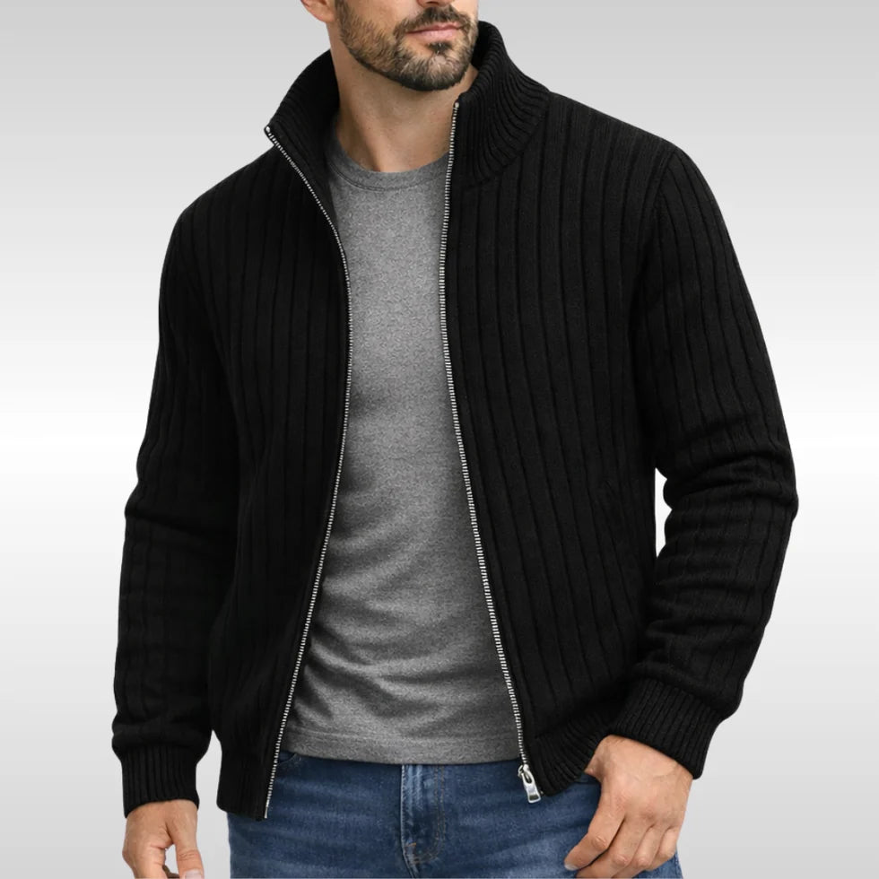 Men's Ribbed Knit Cardigan with Zip Closure and Stand Collar