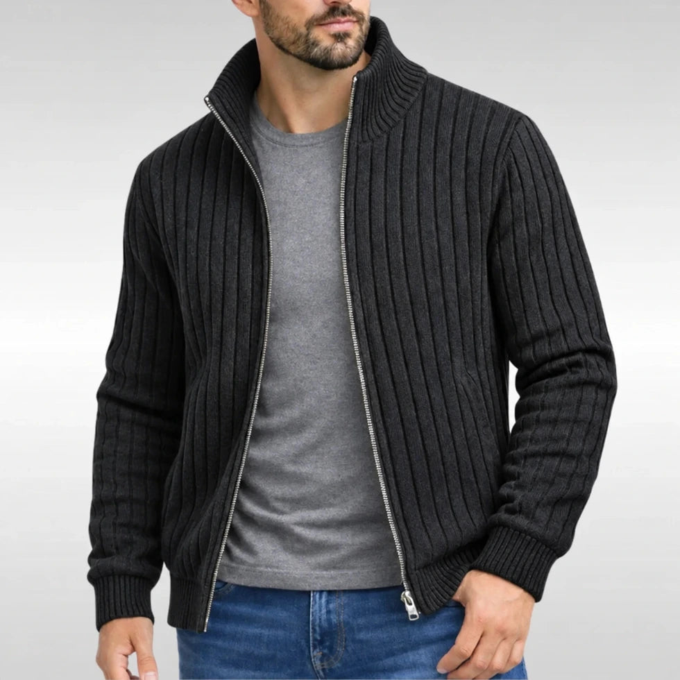 Men's Ribbed Knit Cardigan with Zip Closure and Stand Collar