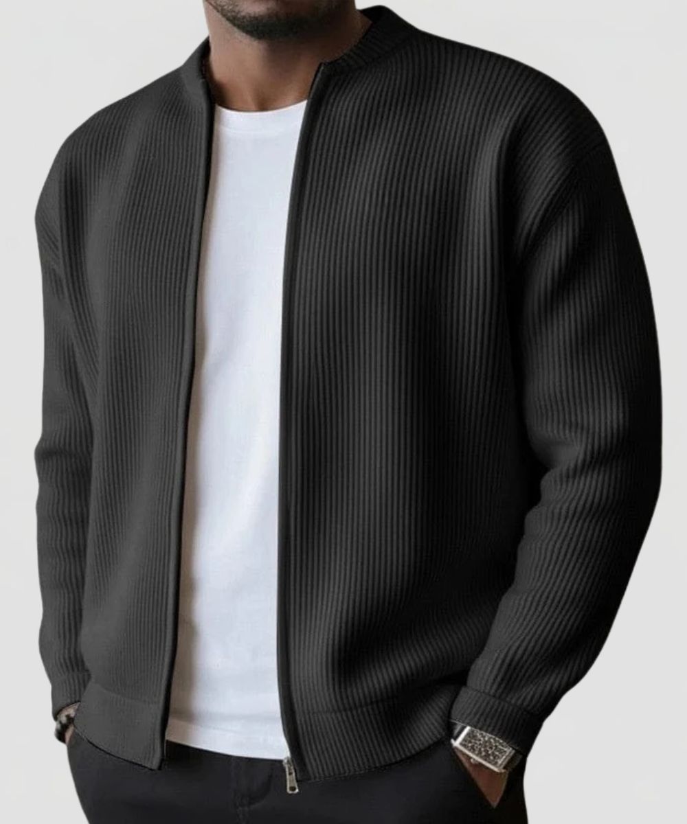 Men's Ribbed Knit Zip Cardigan with Stand Collar and Regular fit