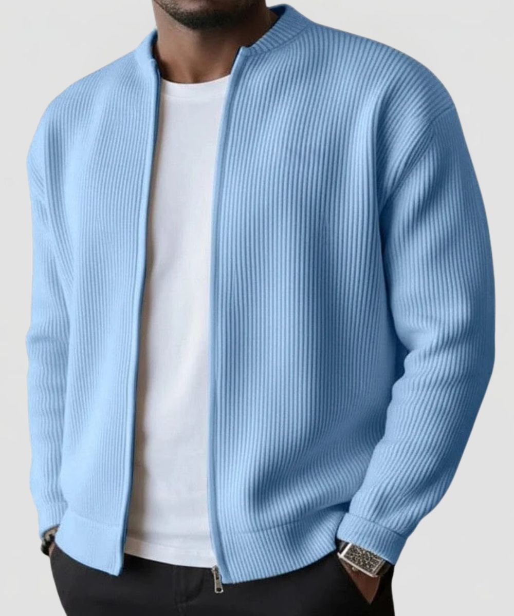 Men's Ribbed Knit Zip Cardigan with Stand Collar and Regular fit