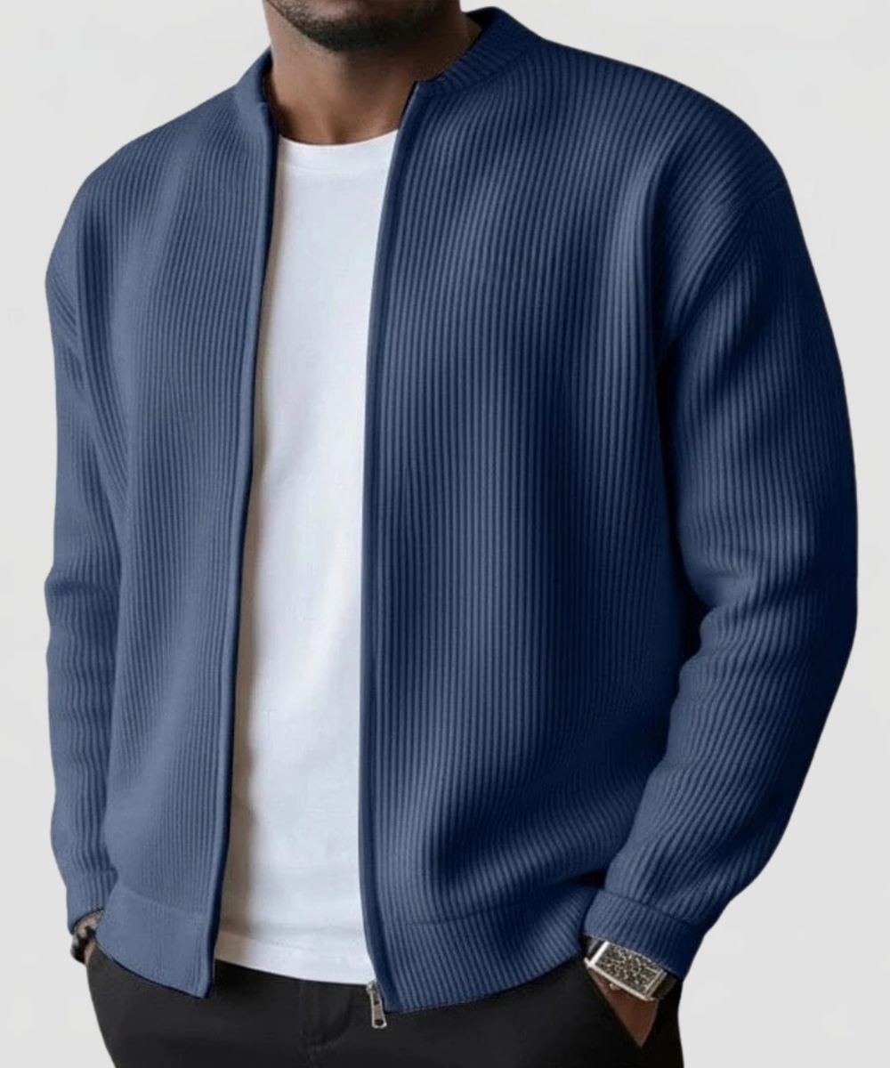 Men's Ribbed Knit Zip Cardigan with Stand Collar and Regular fit
