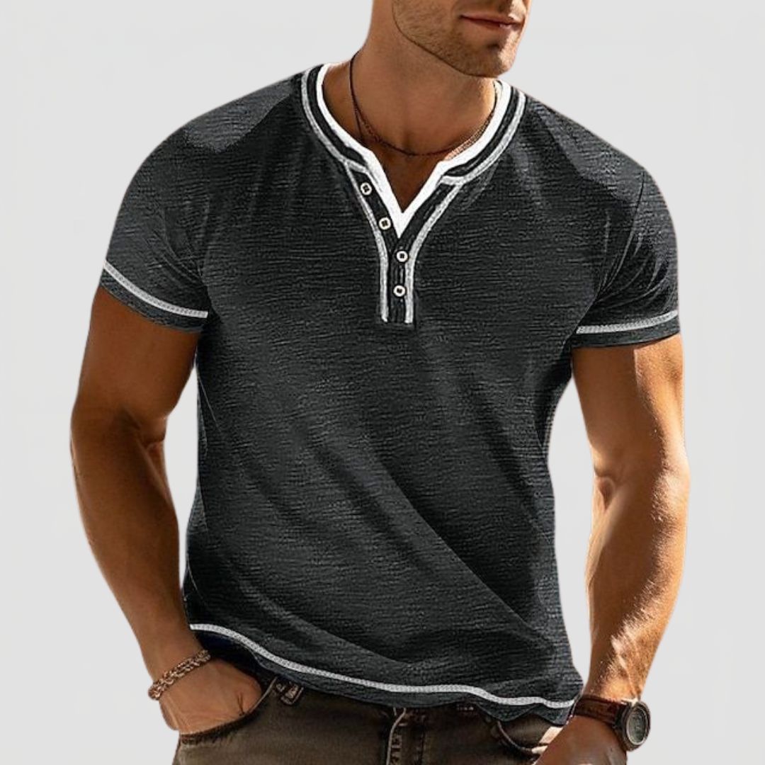 Men's Short Sleeve Henley Shirt with Contrast Trim and Button Neckline
