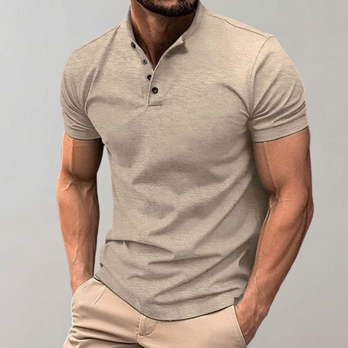 Men's Short Sleeve Polo Shirt with Stand Collar and Button Closure