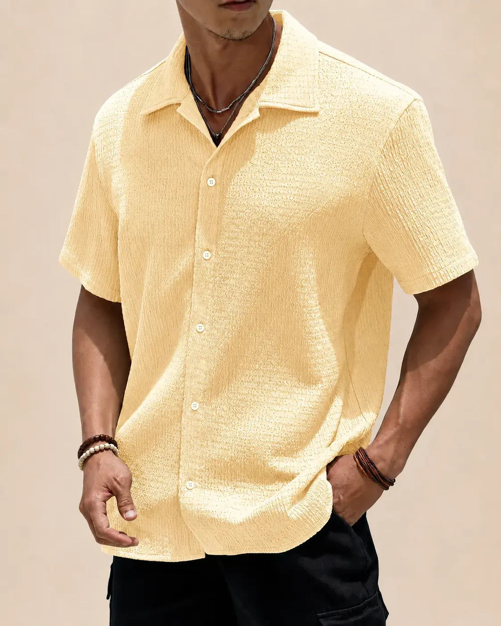 Men's Short Sleeve Textured Shirt with Camp Collar and Button Closure
