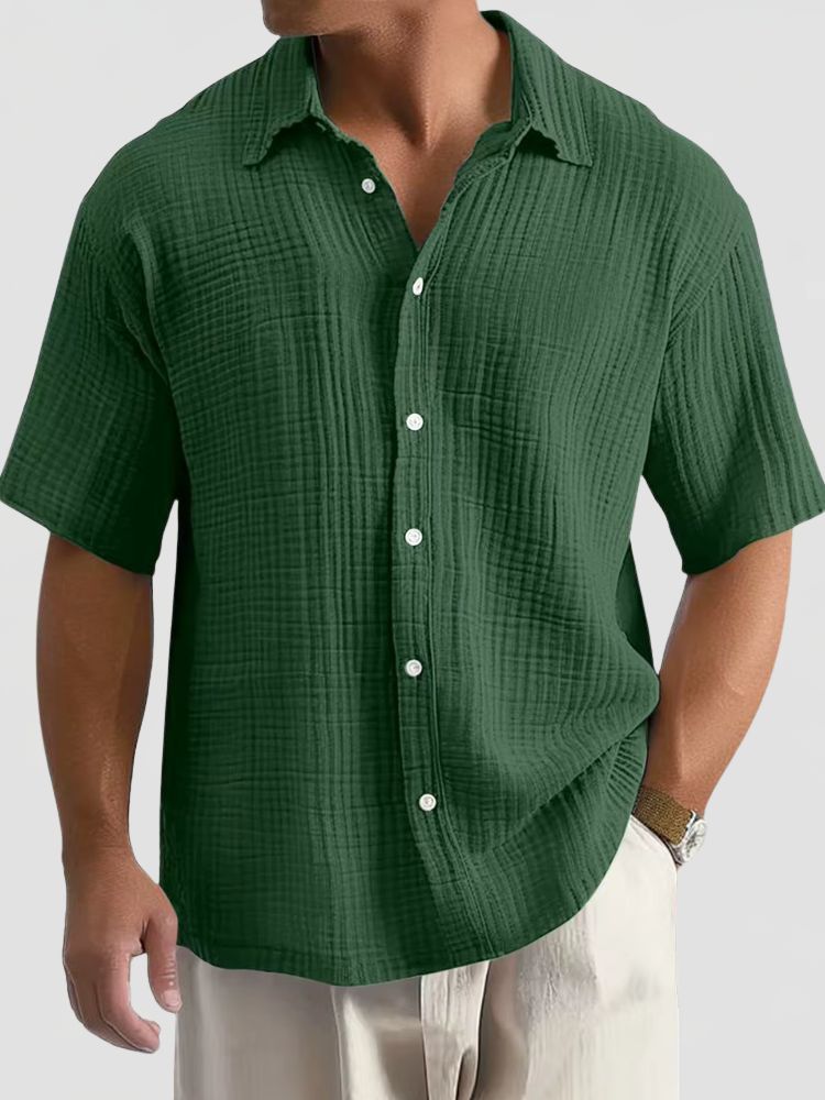 Men's Short Sleeve Textured Shirt with Classic Collar and Button Closure