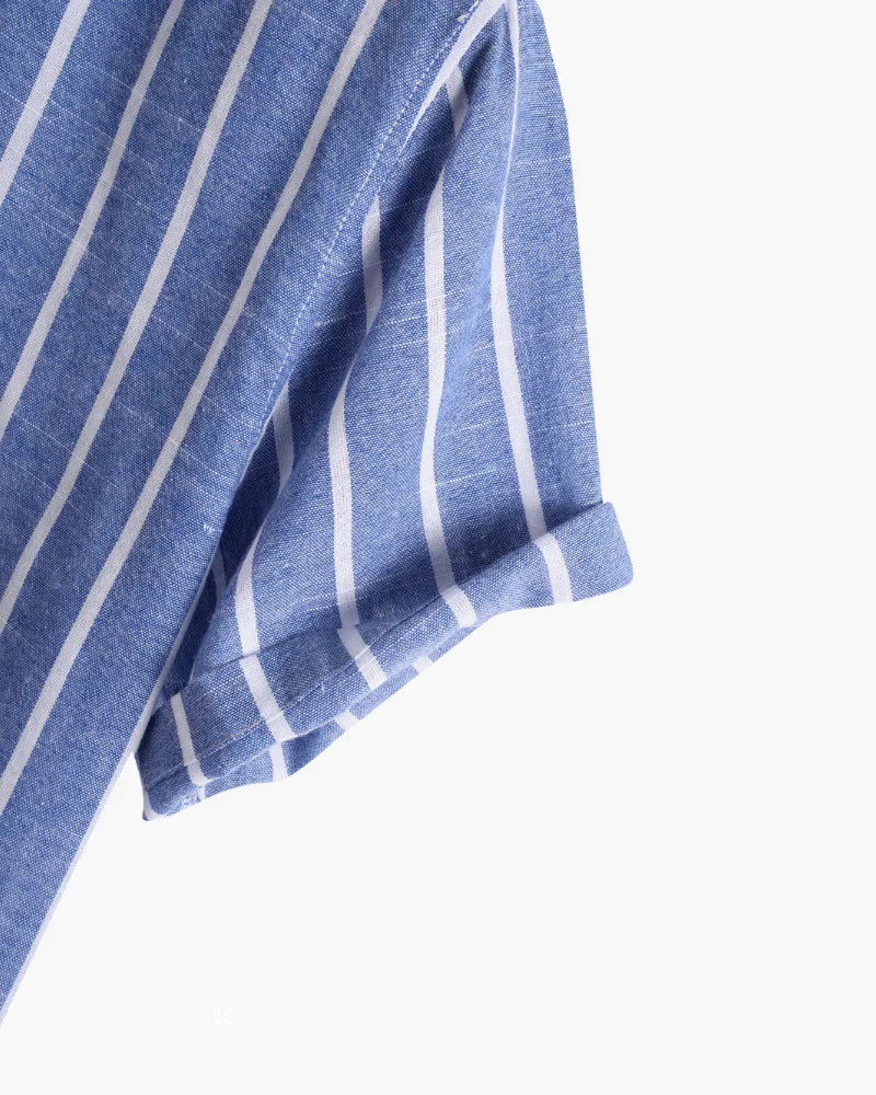 Men's Striped Short Sleeve Shirt with Band Collar and Button Closure