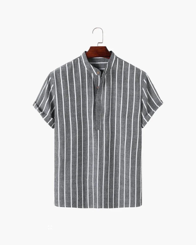 Men's Striped Short Sleeve Shirt with Band Collar and Button Closure