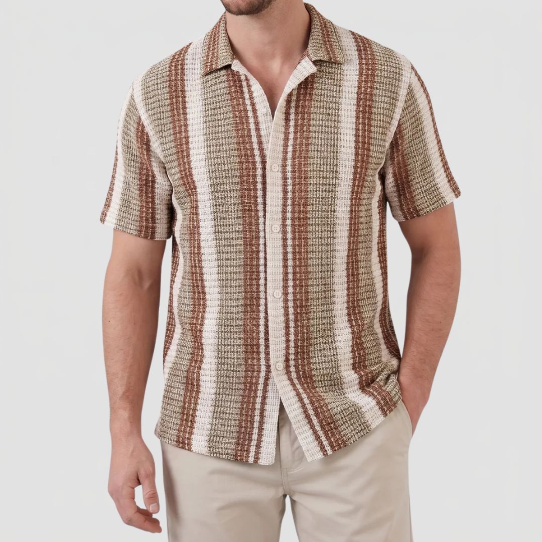 Men's Striped Short Sleeve Textured Shirt with Camp Collar