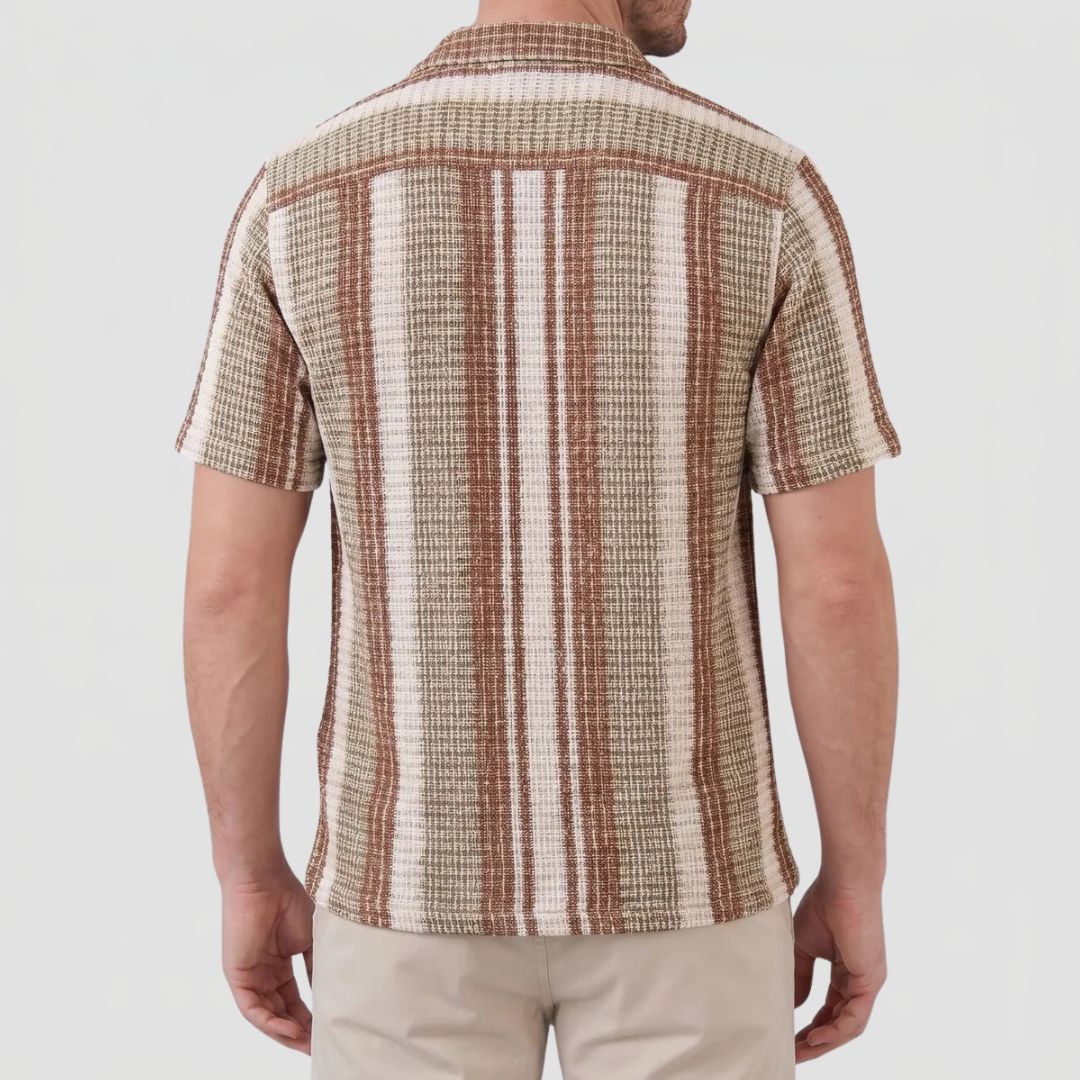 Men's Striped Short Sleeve Textured Shirt with Camp Collar