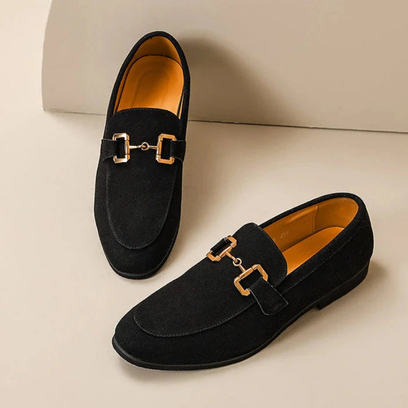 Men's Suede Slip-On Loafers with Metal Bar Detail