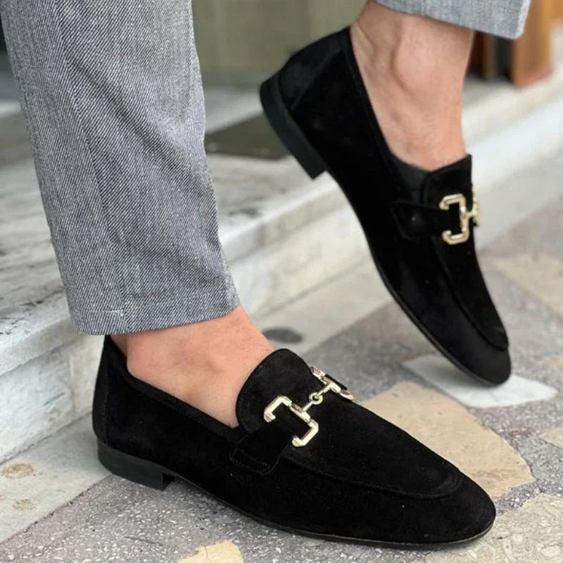 Men's Suede Slip-On Loafers with Metal Bar Detail