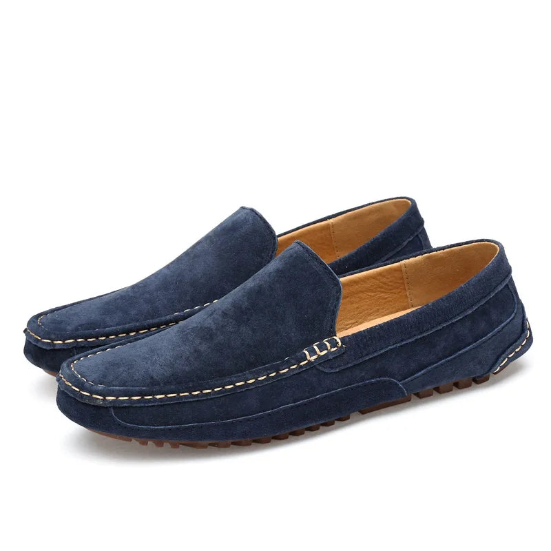 Men's Suede Slip-On Loafers with Stitched Detail and Round Toe