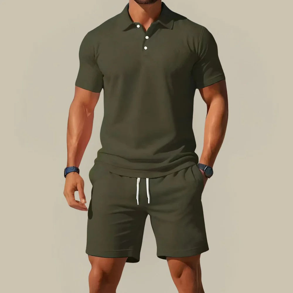 Men's Summer Two Piece Set with Polo Shirt and Drawstring Shorts