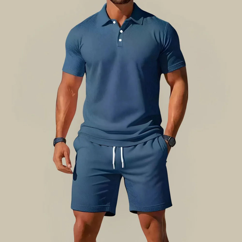 Men's Summer Two Piece Set with Polo Shirt and Drawstring Shorts