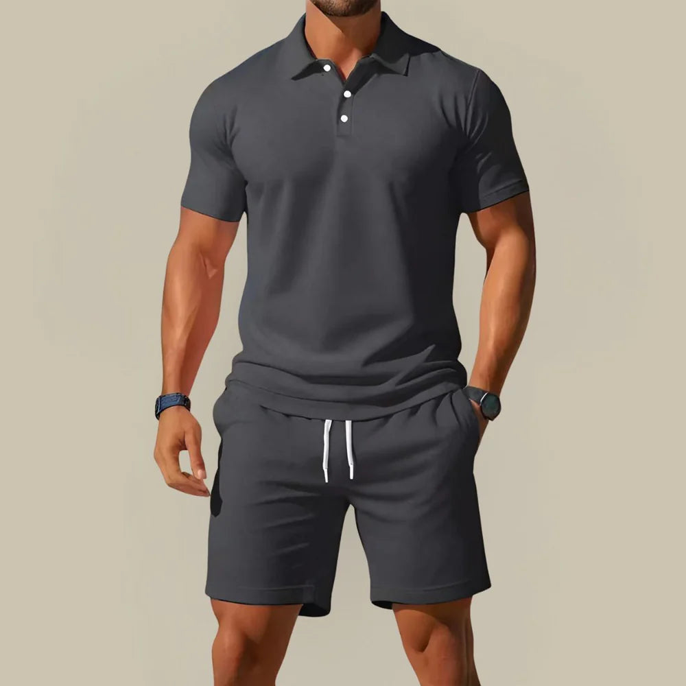 Men's Summer Two Piece Set with Polo Shirt and Drawstring Shorts