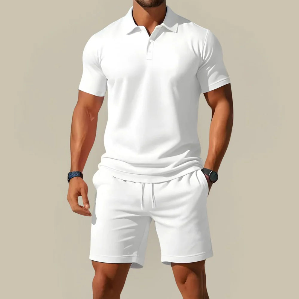 Men's Summer Two Piece Set with Polo Shirt and Drawstring Shorts