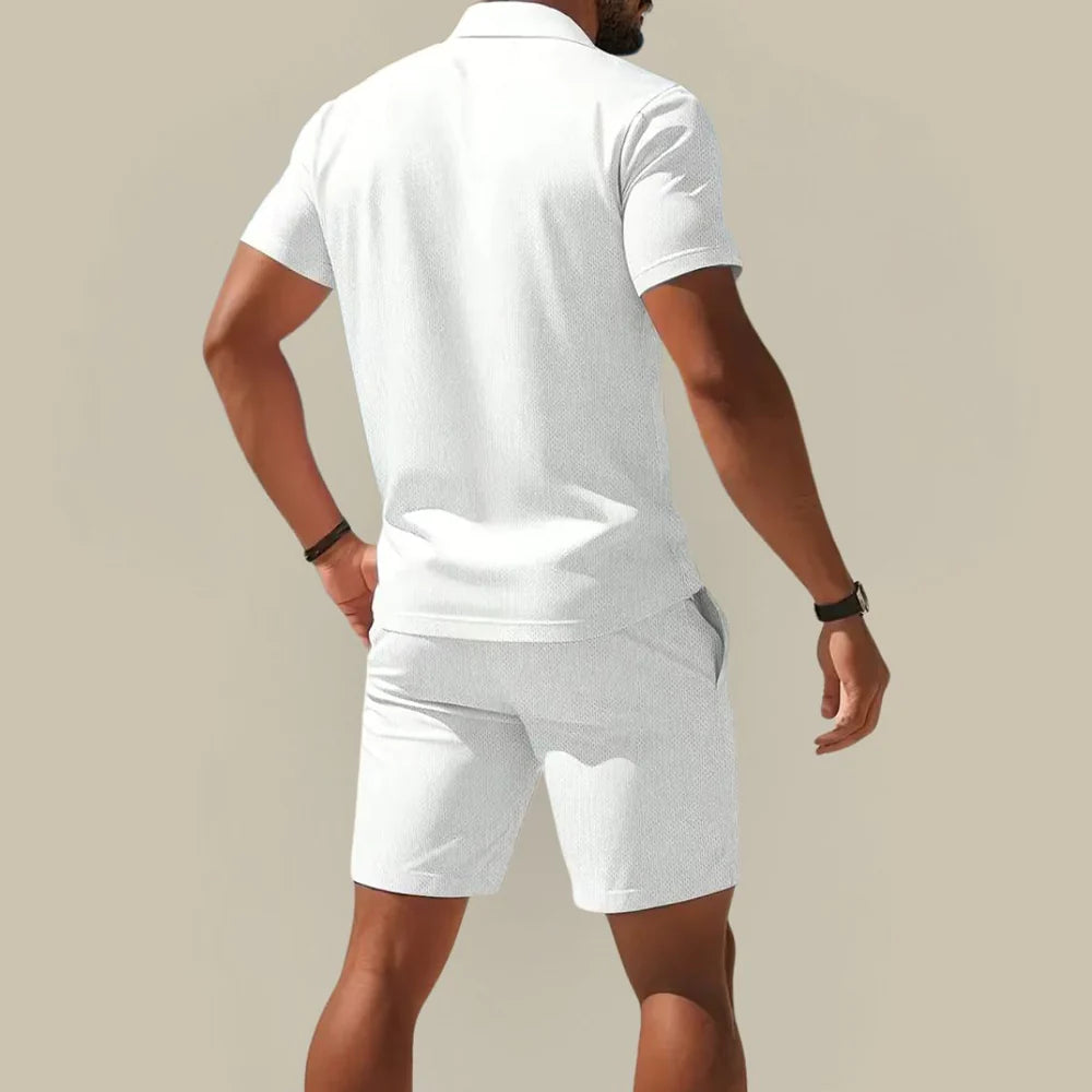 Men's Summer Two Piece Set with Polo Shirt and Drawstring Shorts
