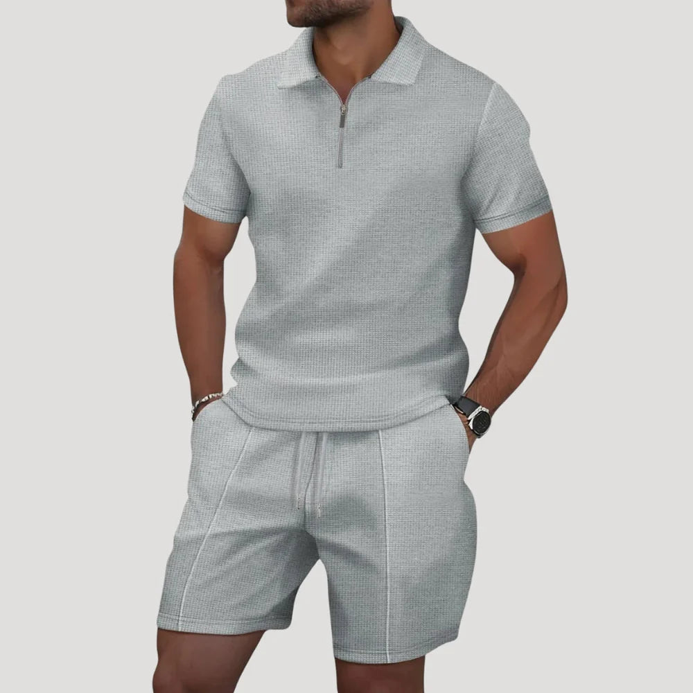 Men's Summer Two Piece Set with Polo Shirt and Shorts in Waffle Pattern