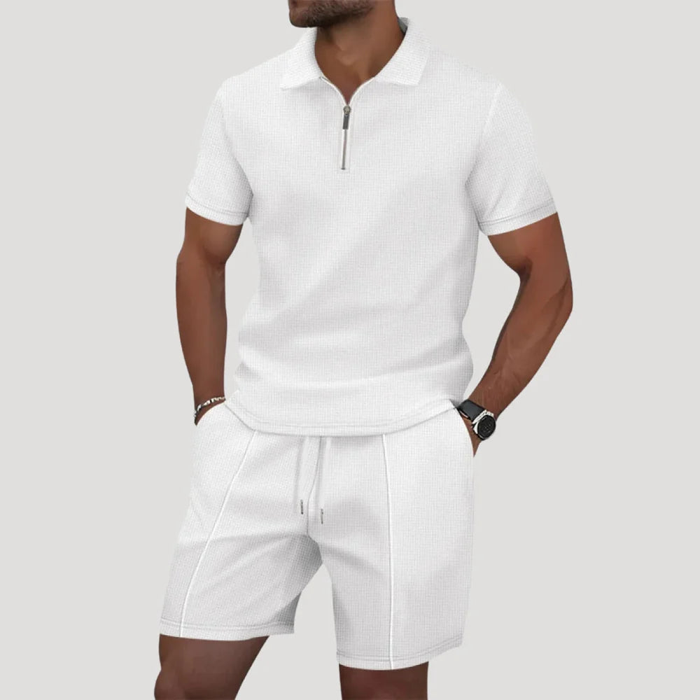 Men's Summer Two Piece Set with Polo Shirt and Shorts in Waffle Pattern