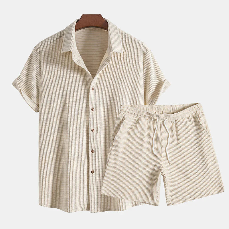 Men's Summer Two Piece Set with Short Sleeve Shirt and Drawstring Shorts