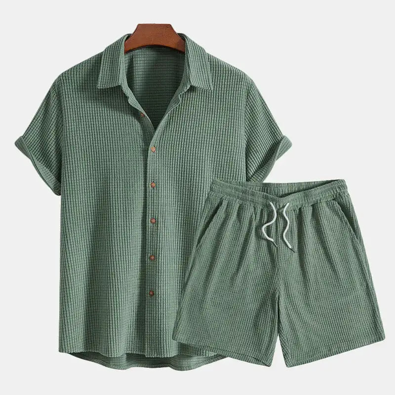 Men's Summer Two Piece Set with Short Sleeve Shirt and Drawstring Shorts