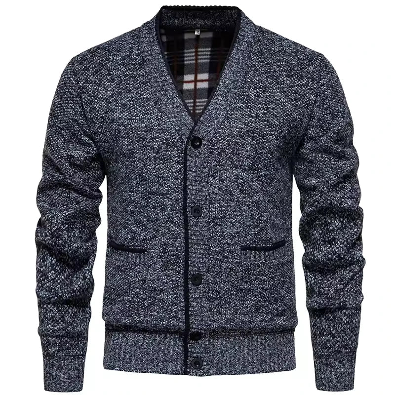 Men's V-Neck Knit Cardigan with Contrast Trim and Check Lining
