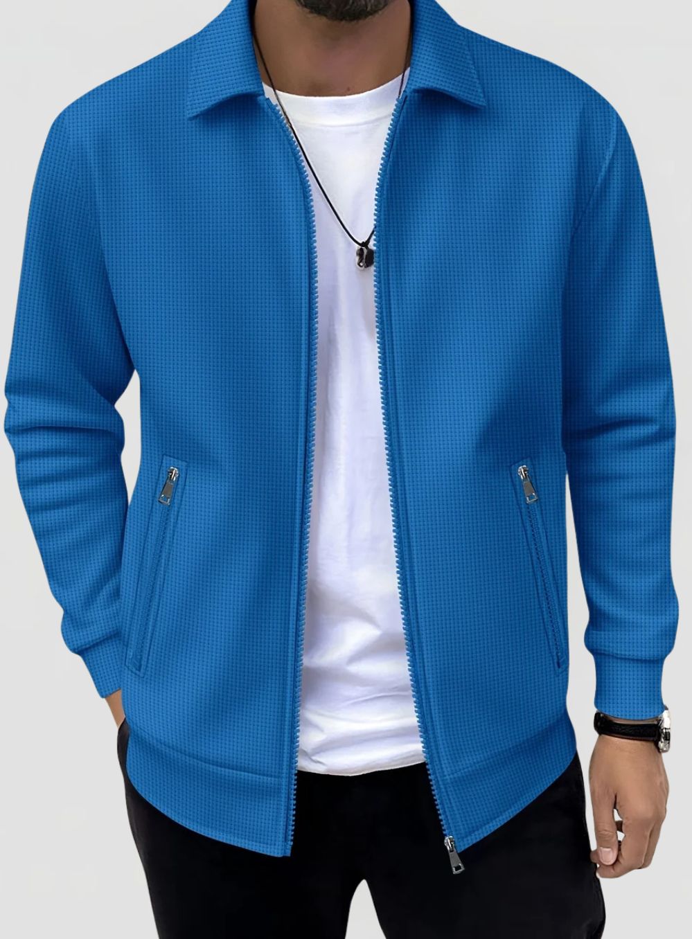 Men's Waffle Texture Jacket with Collar and Zip Closure