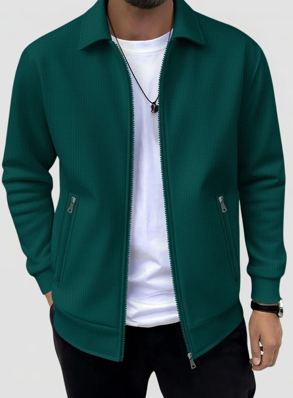 Men's Waffle Texture Jacket with Collar and Zip Closure