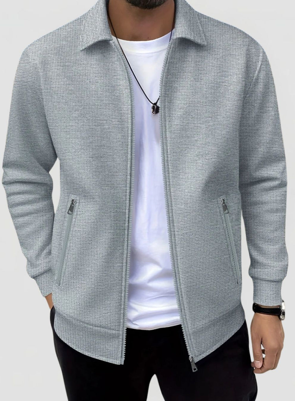 Men's Waffle Texture Jacket with Collar and Zip Closure