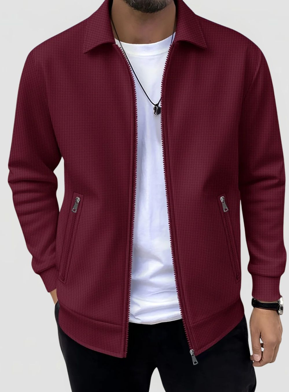 Men's Waffle Texture Jacket with Collar and Zip Closure