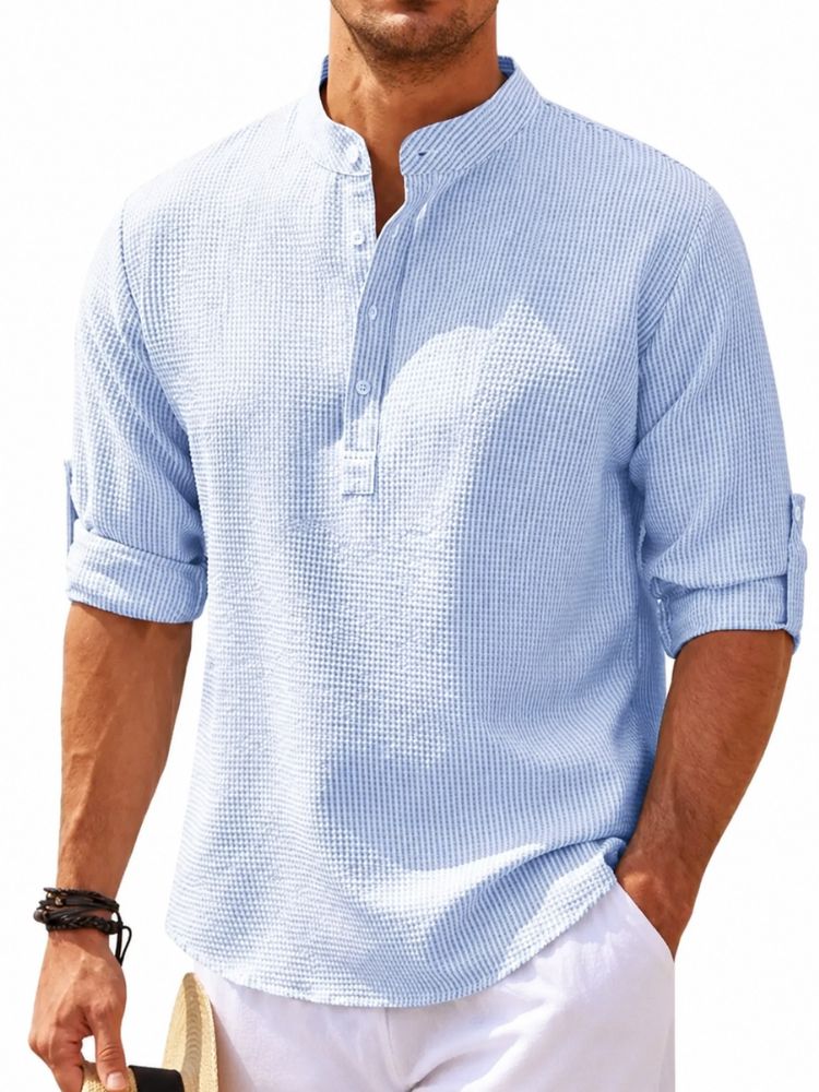 Men's Waffle Textured Linen Mix Shirt with Henley Collar