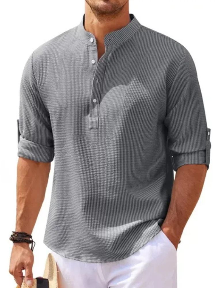 Men's Waffle Textured Linen Mix Shirt with Henley Collar