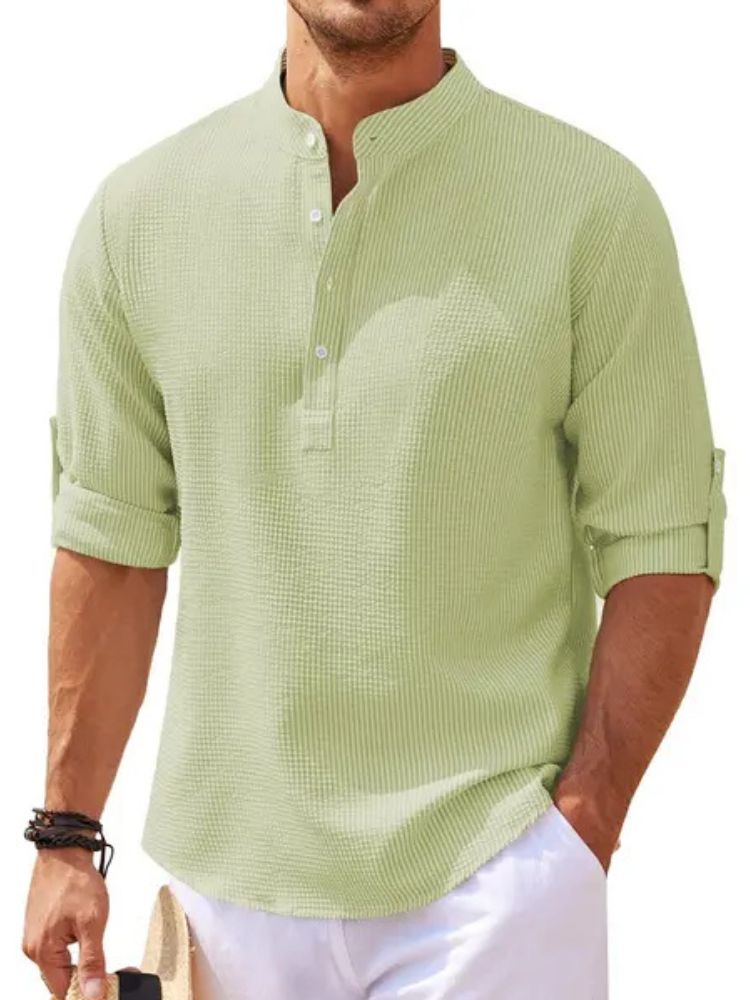 Men's Waffle Textured Linen Mix Shirt with Henley Collar