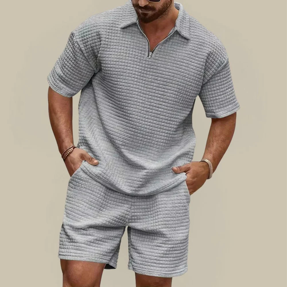 Men's Waffle Textured Summer Set with Polo Shirt and Shorts
