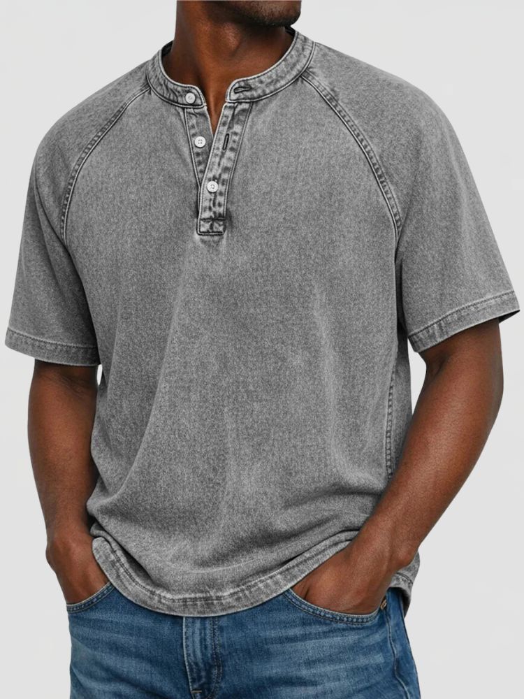 Men's Washed Henley T-Shirt with Short Raglan Sleeves