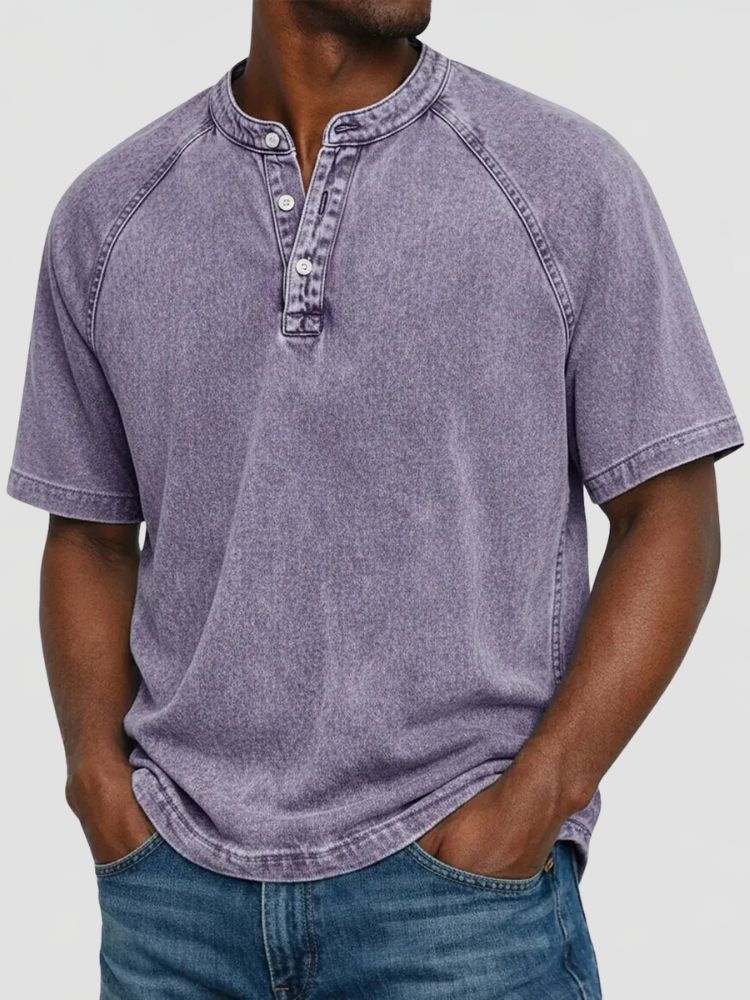 Men's Washed Henley T-Shirt with Short Raglan Sleeves