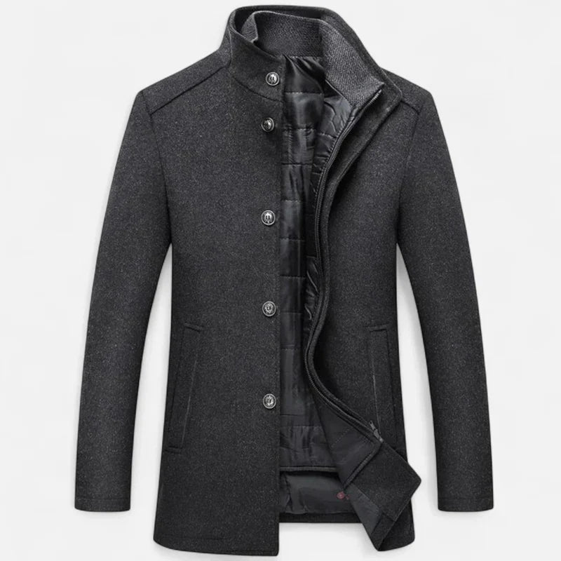 Men's Wool Mix Coat with Stand Collar and Inner Vest Panel