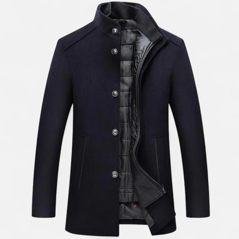 Men's Wool Mix Coat with Stand Collar and Inner Vest Panel