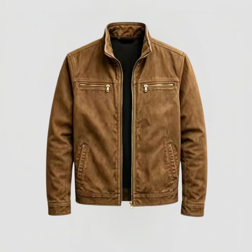 Men's Zip Closure Jacket with Stand Collar and Chest Pockets