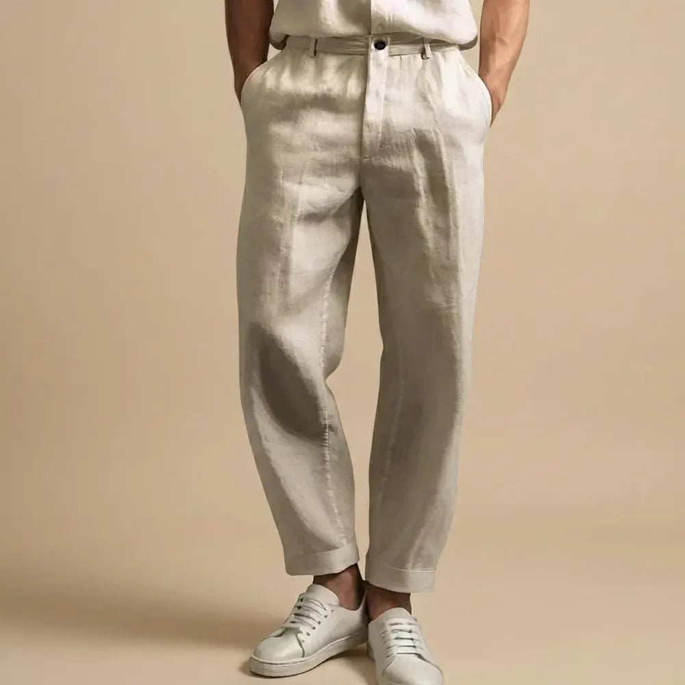Men's cotton Mix Trousers with Button Closure and Cuffed Hem