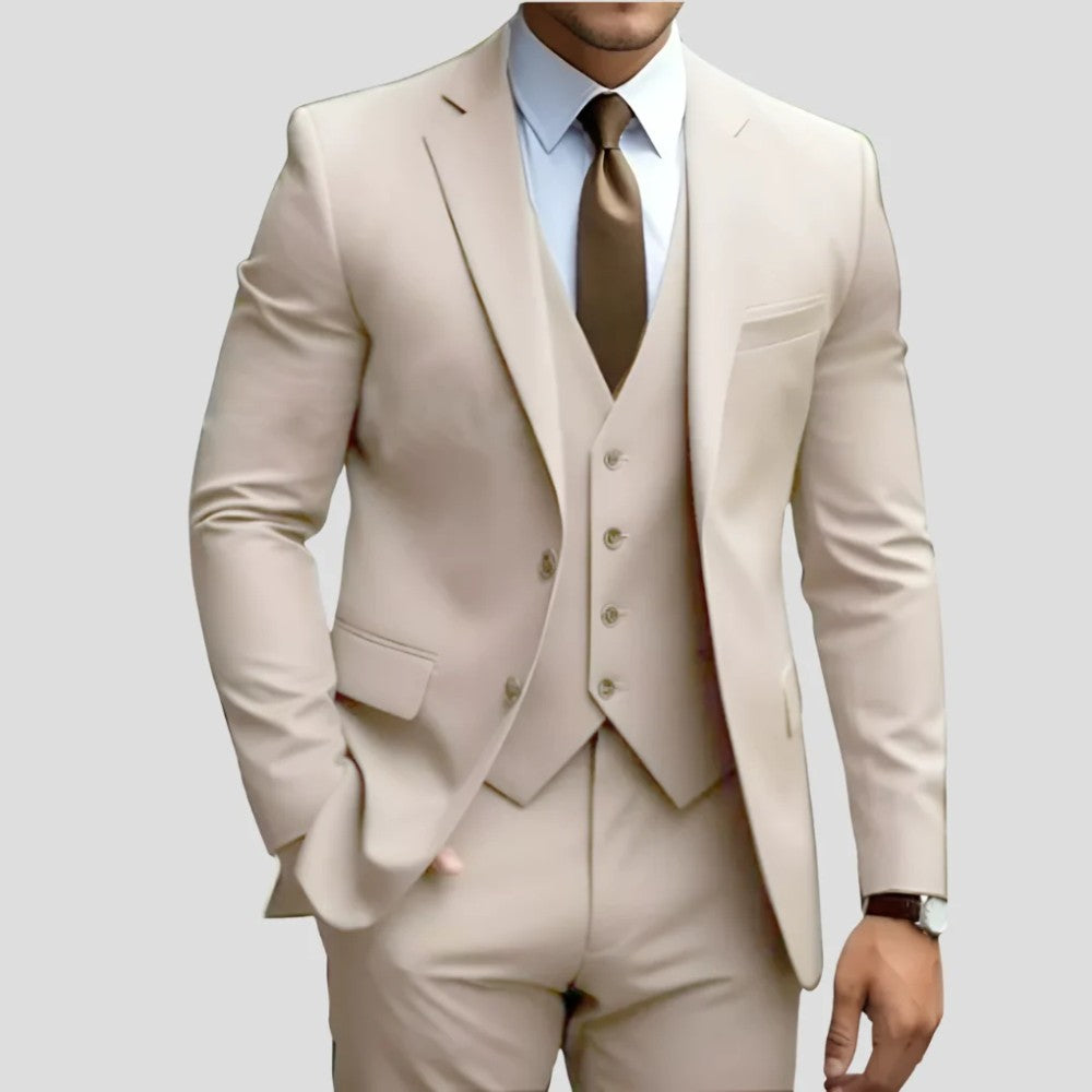 Men's 3-Piece Slim Fit Suit with Waistcoat and Flat-Front Trousers