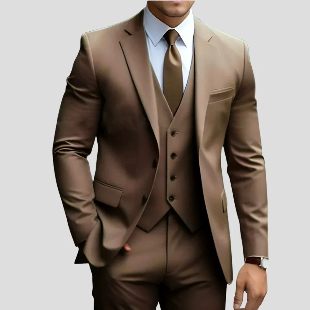 Men's 3-Piece Slim Fit Suit with Waistcoat and Flat-Front Trousers