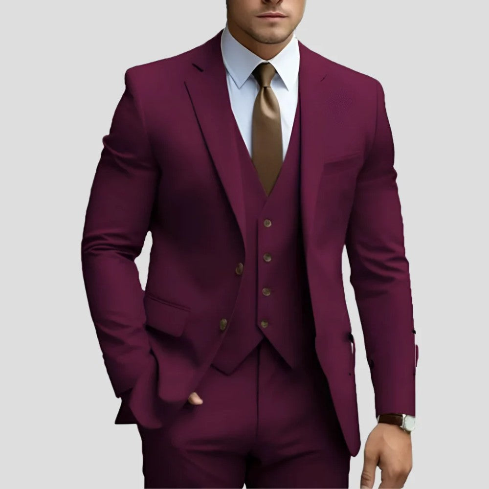 Men's 3-Piece Slim Fit Suit with Waistcoat and Flat-Front Trousers