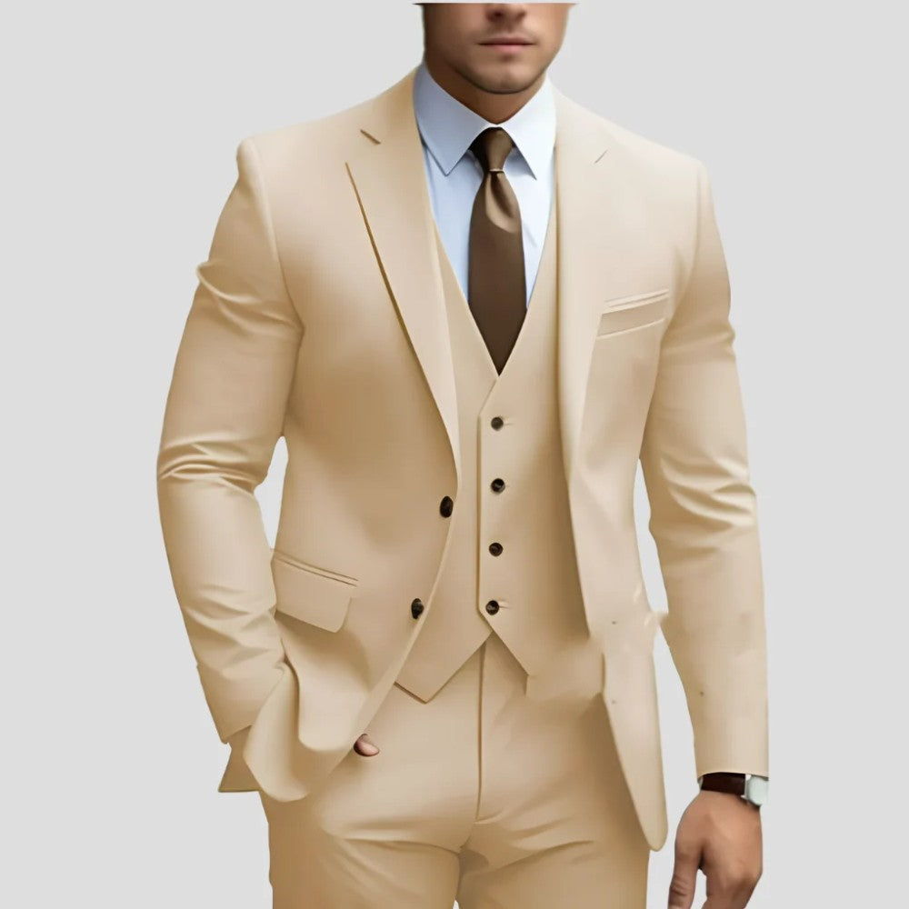 Men's 3-Piece Slim Fit Suit with Waistcoat and Flat-Front Trousers