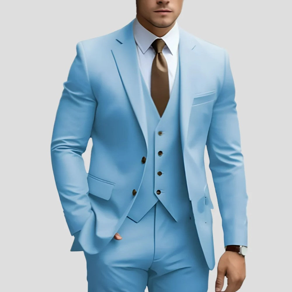 Men's 3-Piece Slim Fit Suit with Waistcoat and Flat-Front Trousers