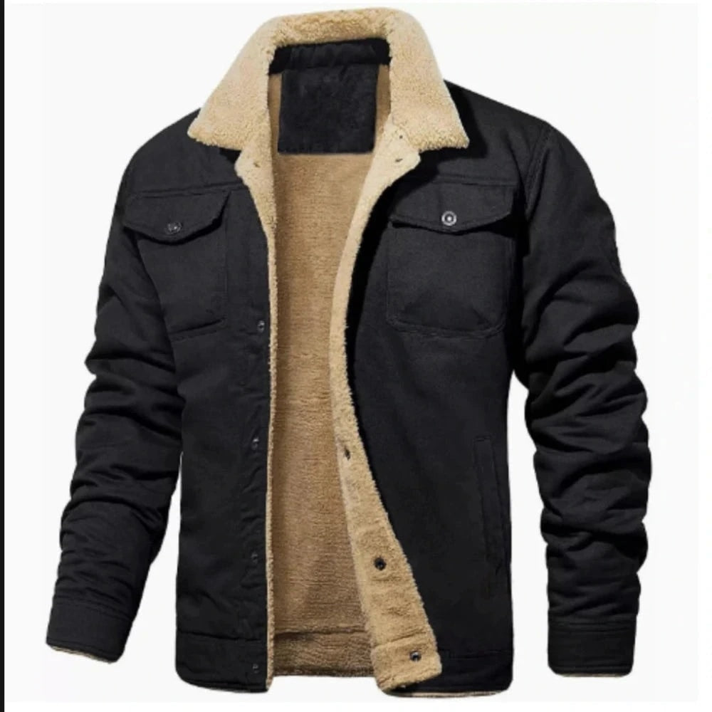 Men's Fleece-Lined Jacket with Button Closure and Chest Pockets