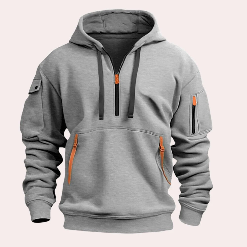 Men's Half-Zip Hoodie with Drawstring Hood and Zip Pockets