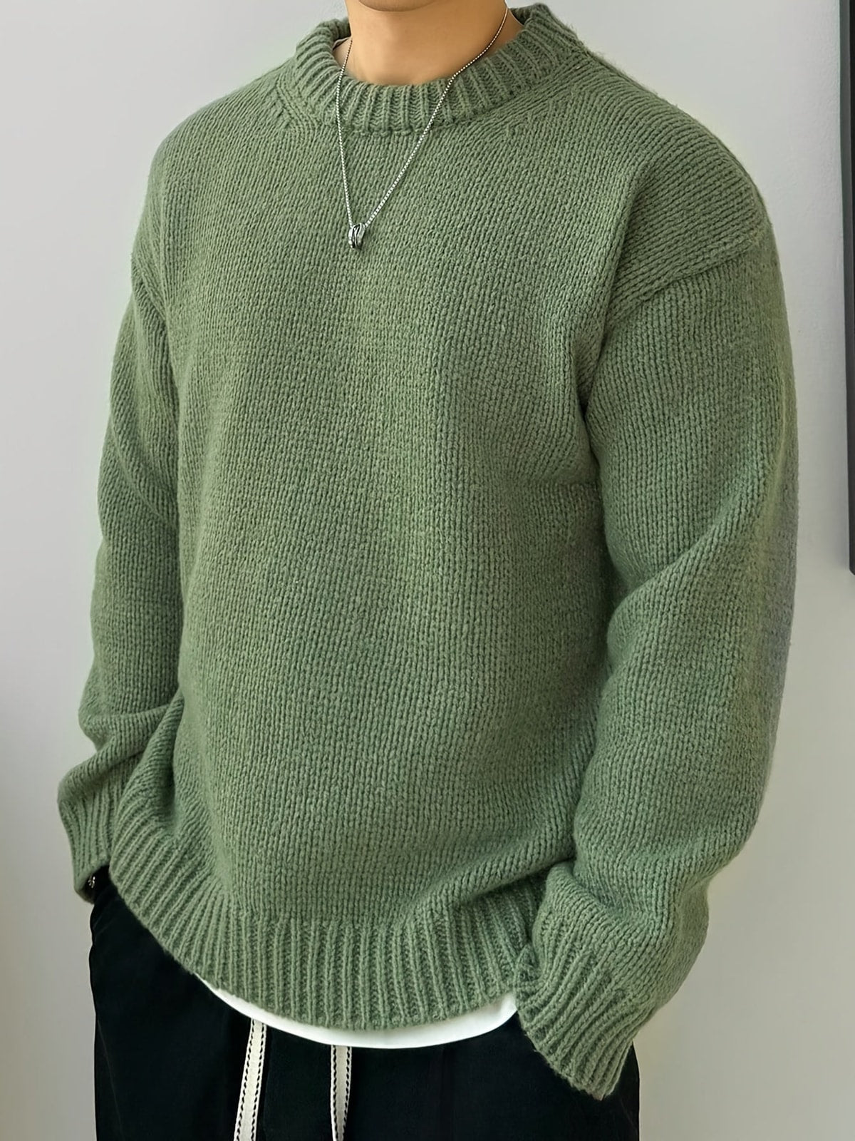 Men's Knit Crewneck Jumper with Ribbed Cuffs
