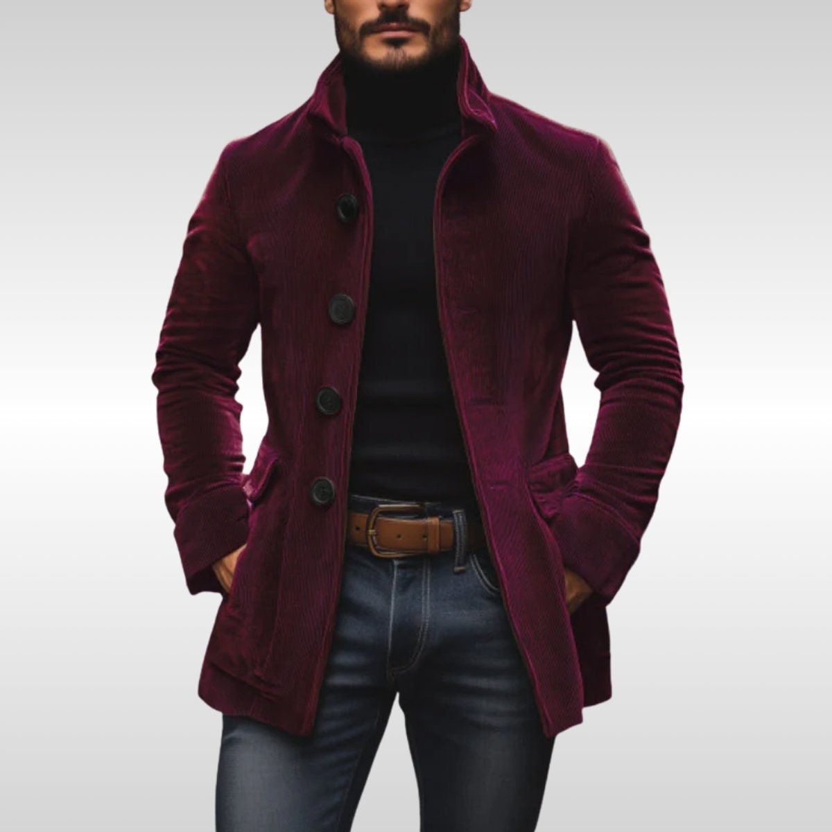 Men's Mid-Length Coat with Stand-Up Collar and Patch Pockets